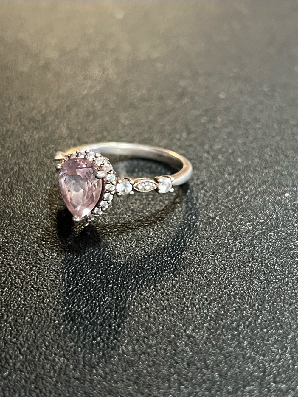 Delicate Pink Teardrop Halo Ring - Sterling Silver. Sz 6 3/4